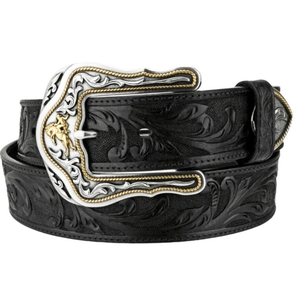Tony Lama Black Leather Belt with Silver and Gold Buckle